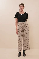 Floral Printed Washed Wide Leg Pants