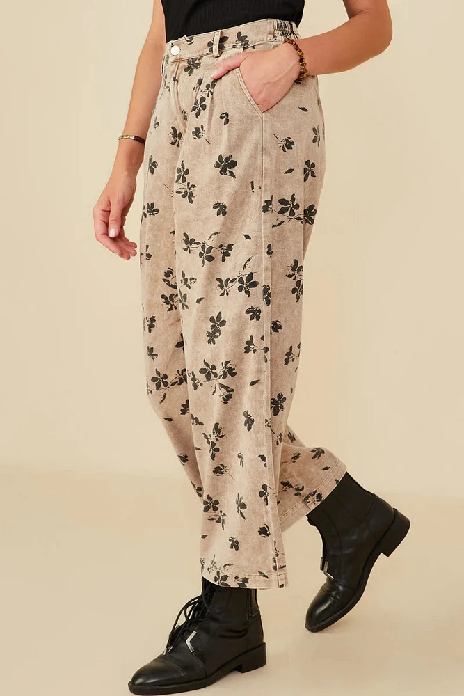 Floral Printed Washed Wide Leg Pants Plus