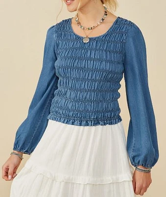 Full Smocked Washed Denim Top