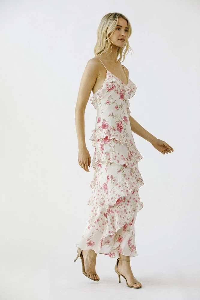 Pink Floral Rufled Slip Midi Dress