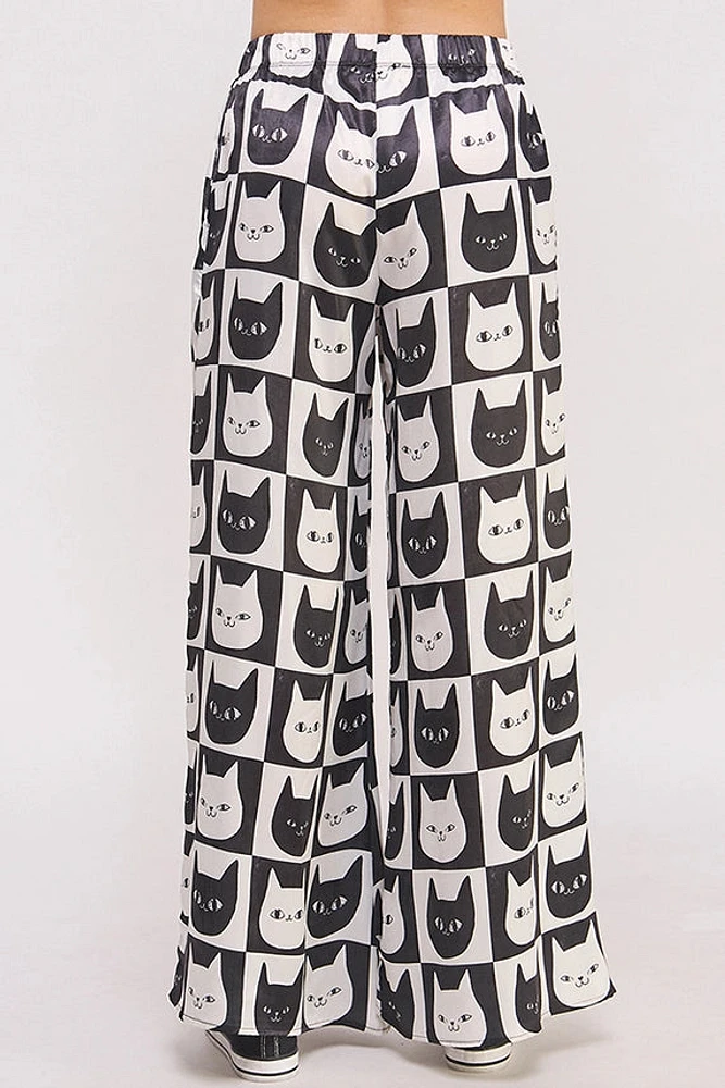 Mid Rise Cat Face Print Straight Leg Satin Pants