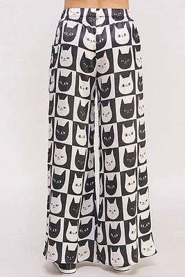 Mid Rise Cat Face Print Straight Leg Satin Pants