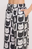 Mid Rise Cat Face Print Straight Leg Satin Pants