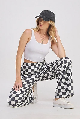 High Waist Checkerd Straight Leg Knit Pants