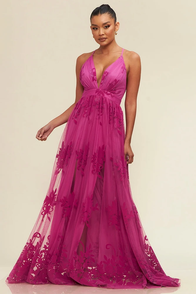 Floral Flocked Mesh Maxi Gown.