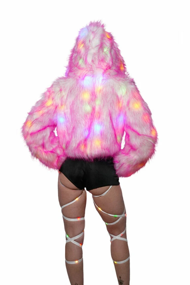 LED Faux Fur Short Jacket W Hood