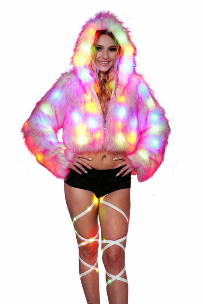 LED Faux Fur Short Jacket W Hood