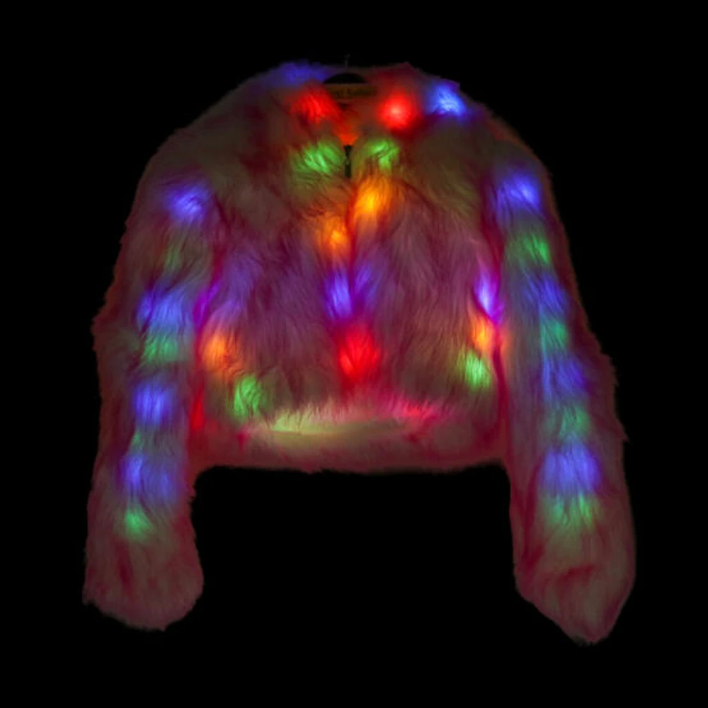 LED Faux Fur Short Jacket W Hood