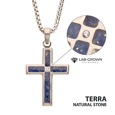 Matte Stainless Steel Lapis Lazuli Stone Inlay & Lab-Grown Diamond Cross Pendant