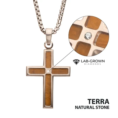 Matte Stainless Steel Tiger Eye Stone Inlay & Lab-Grown Diamond Cross Pendant