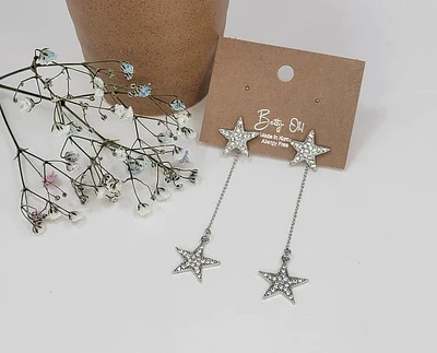 Dangle Star Backdrop Earring Silver Clear CZ