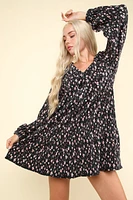 Flower Printed Velvet Babydoll Mini Dress