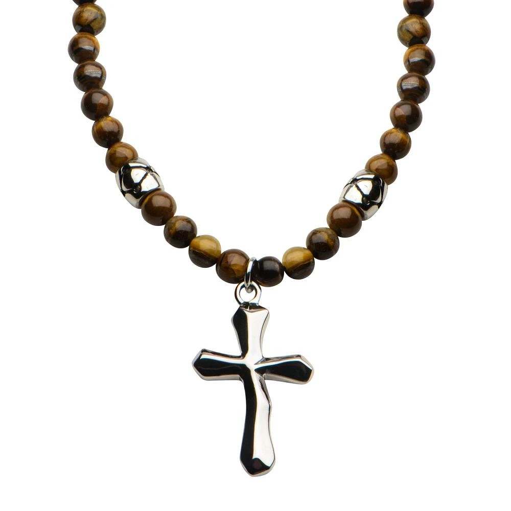 Tiger's Eye Beads And Steel Cross Necklace