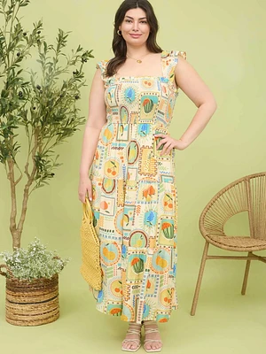 Plus Multi Color Fruit Print Smocked Midi Dress