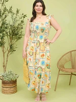 Plus Multi Color Fruit Print Smocked Midi Dress