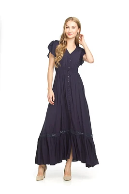 Solid Lace Inset Maxi Dress Navy