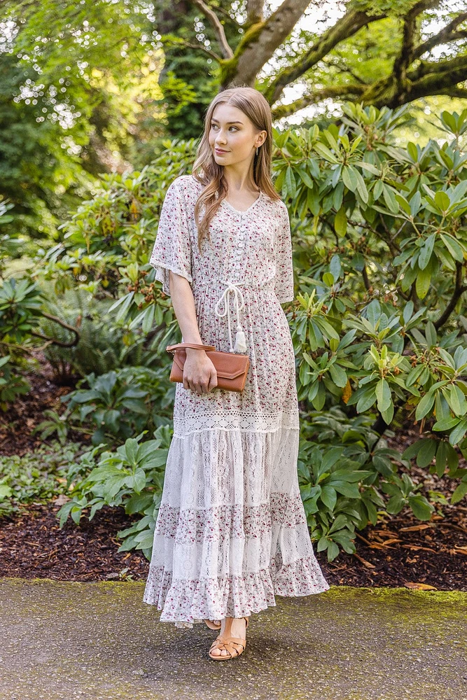 Ditsy Floral/Lace Tiered Maxi Dress