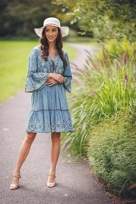 Embroidered And Beaded Tiered Dress Denim