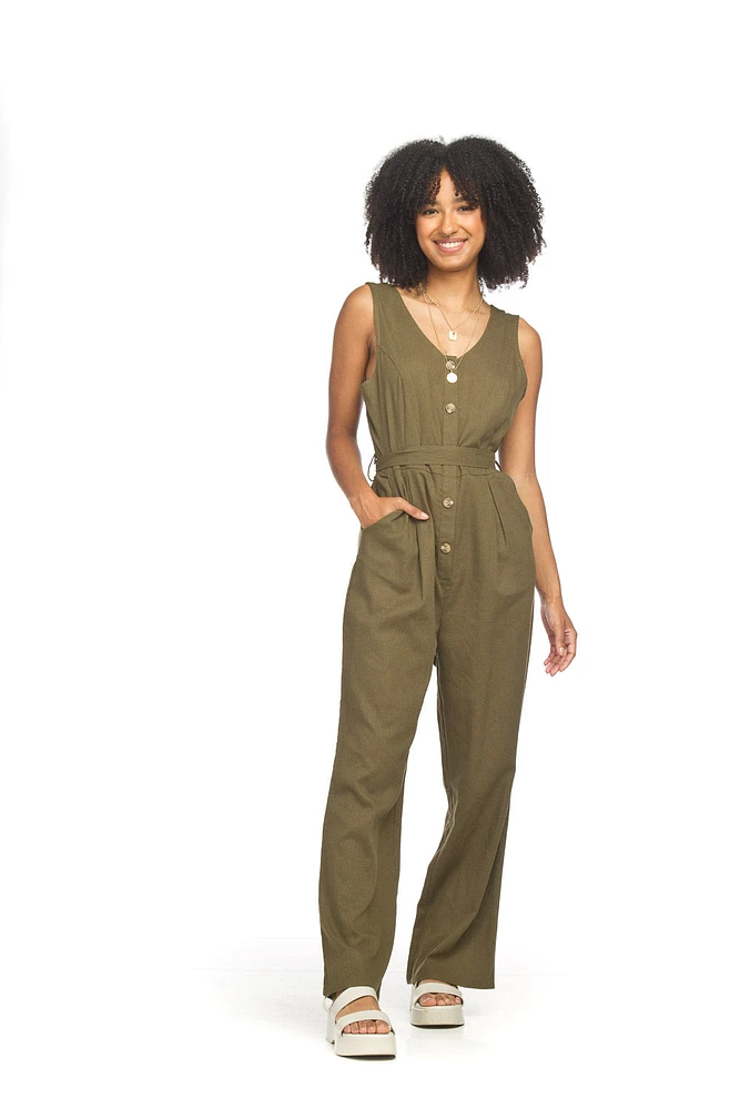 Slvless Button Front Jumpsuit Olive