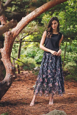 Tiered Floral Skirt With Elastic