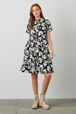 Poplin Printed Midi Tiered Shirt Dress