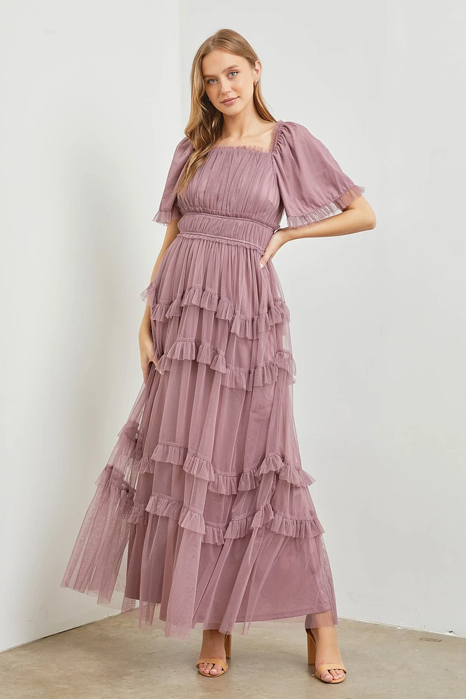 Robe longue en tulle à volants transparents et plusieurs niveaux