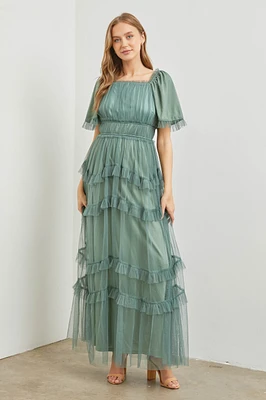 Sheer Ruffle Tiered Tulle Maxi Dress