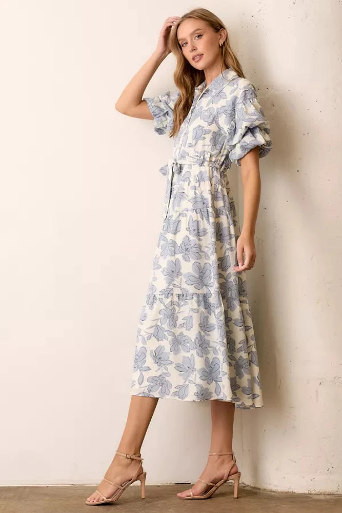 Blue Multi Floral Print Maxi Shirt Dress