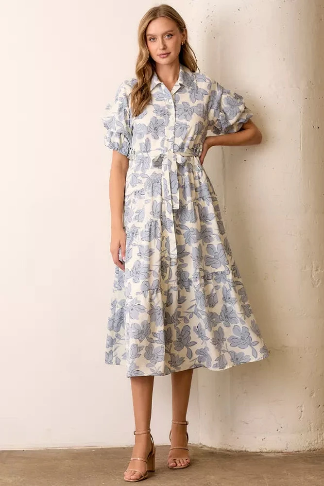Blue Multi Floral Print Maxi Shirt Dress