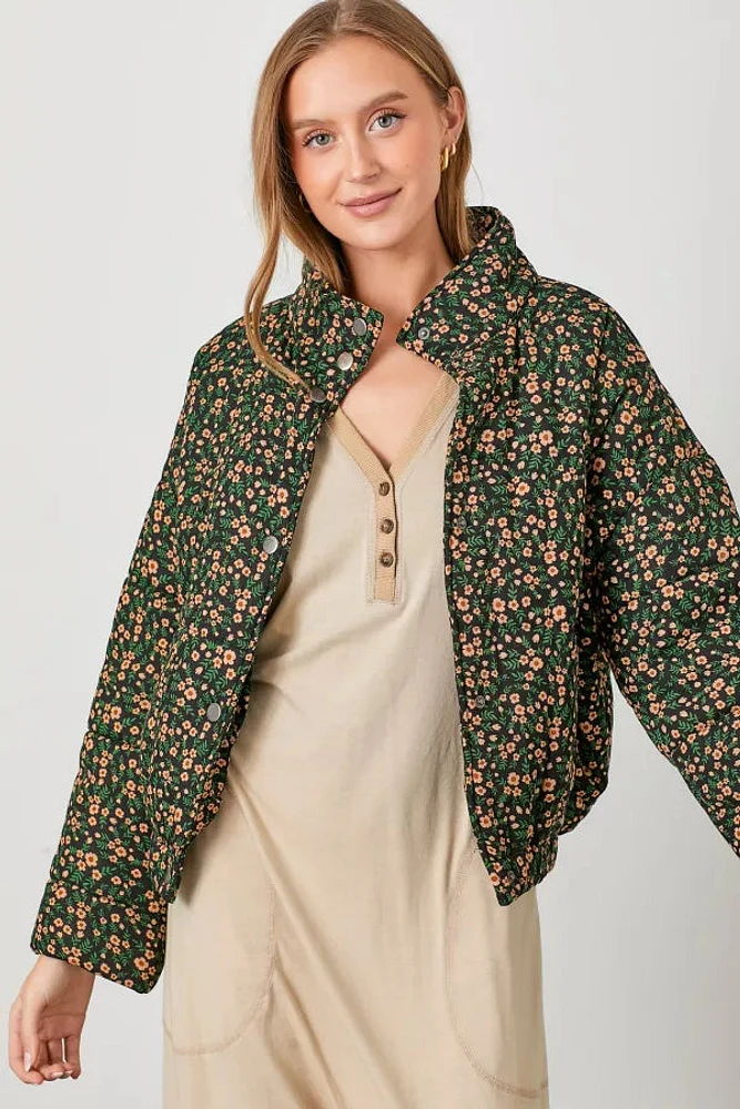 Floral Print Snap Button Puff Jacket