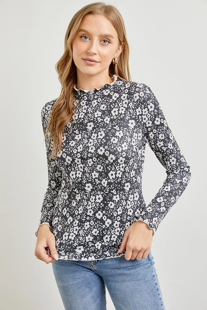 High Neck Floral Rib Long Sleeve Top