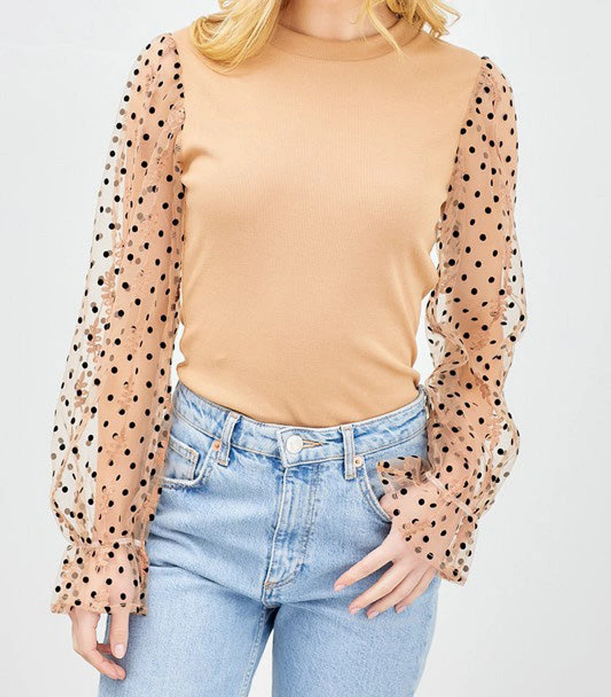 Top W Polka Dot Floral Sleeve Detail