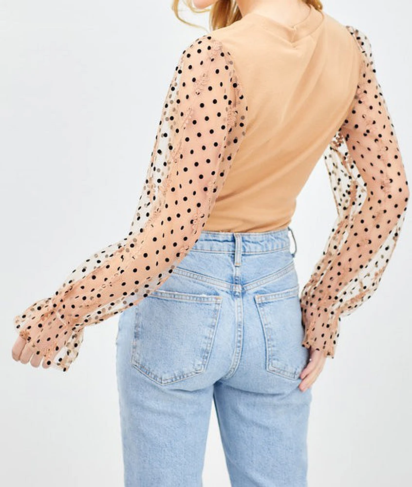 Top W Polka Dot Floral Sleeve Detail