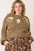 Embroidered Flower Print Knit Sweater