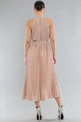 Pleated Waist Belt Mock Neck Midi Dress