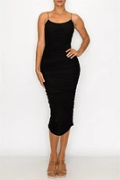 Solid Mesh Slvless Side Cinch Dress