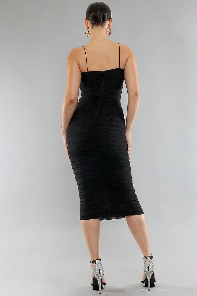 Solid Mesh Slvless Side Cinch Dress