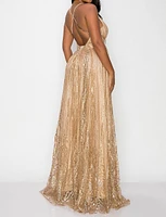 Glitter Mesh Deep V Neck Maxi Dress