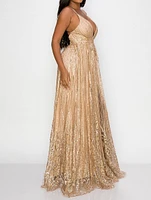 Glitter Mesh Deep V Neck Maxi Dress