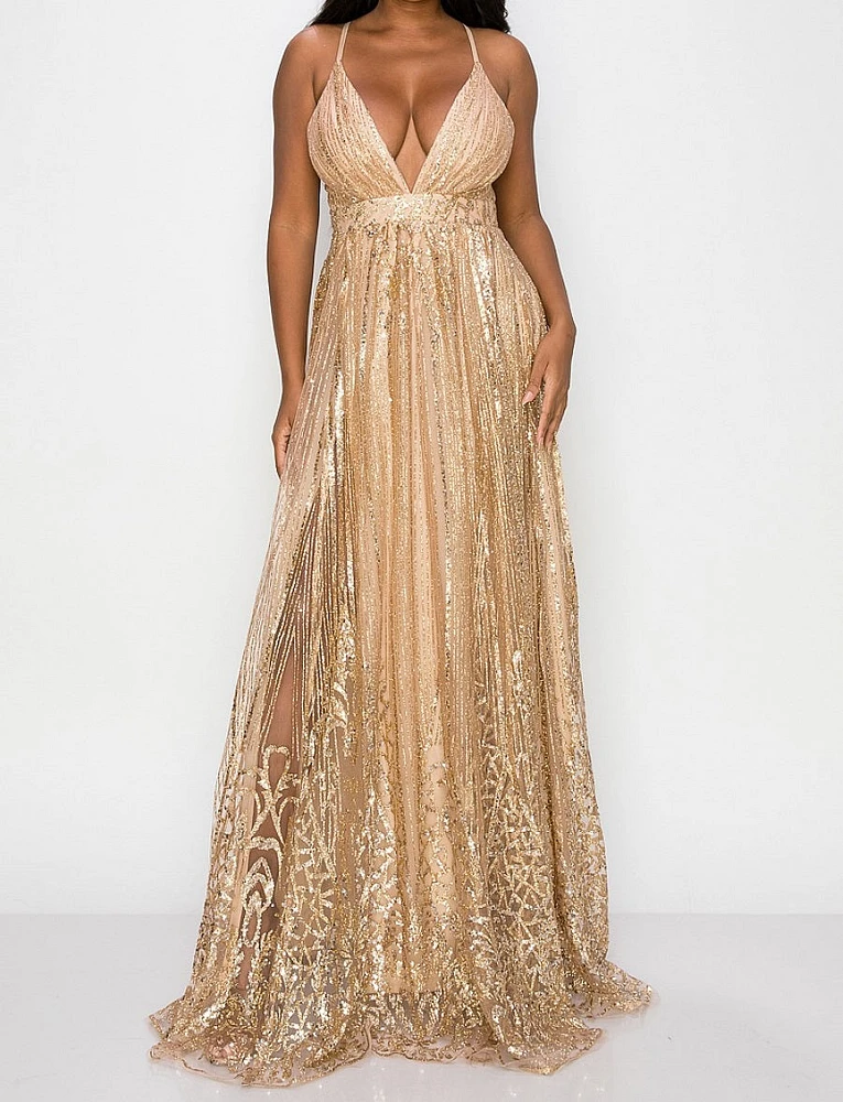 Glitter Mesh Deep V Neck Maxi Dress