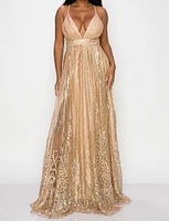 Glitter Mesh Deep V Neck Maxi Dress