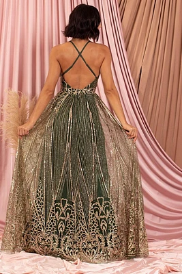 Glitter Mesh Deep V Neck Maxi Dress