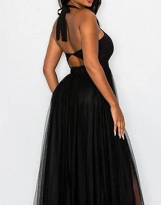 Solid Mesh Halter DMaxi Dress