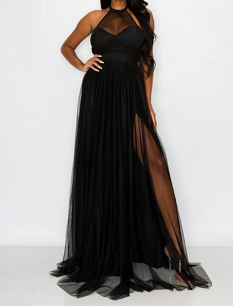 Solid Mesh Halter DMaxi Dress