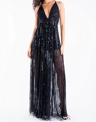 Sequin Fringe Deep V Neck Maxi Dress