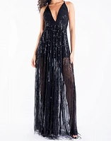 Sequin Fringe Deep V Neck Maxi Dress