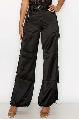 Satin Solid Long Cargo Pants W Belt