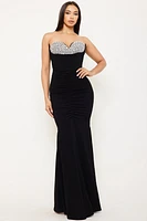 Multi Shape Rhinestone On Bust Mermaid Maxi Dress