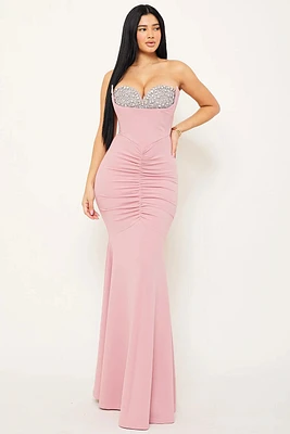 Multi Shape Rhinsestone On Bust Mermaid Maxi Dress