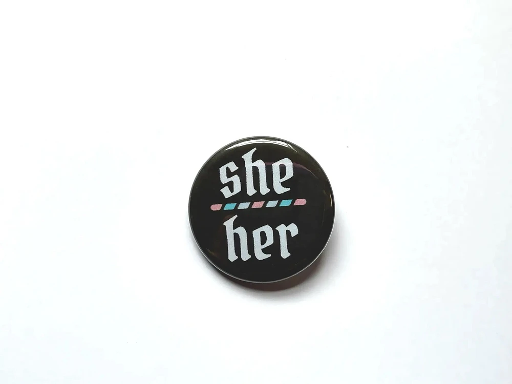 She/Her Trans Pride Pronoun Button